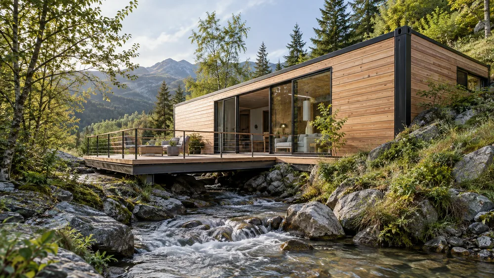 Holz-Wohncontainer mit seitlicher Terrasse über einem steinigen Bergbach