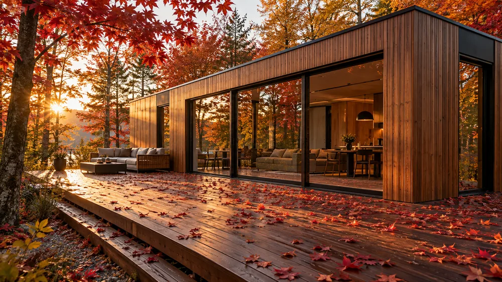 Holz-Containerhaus mit offener Glasfassade und laubbedeckter Terrasse im Herbstwald