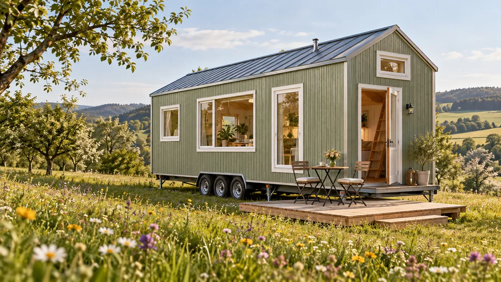 Salbeigrünes Tiny House auf Rädern mit kleinem Sitzplatz auf einer Blumenwiese