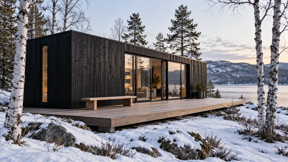Schwarzer Containerbungalow mit Glasfront und Holzdeck zwischen verschneiten Birken