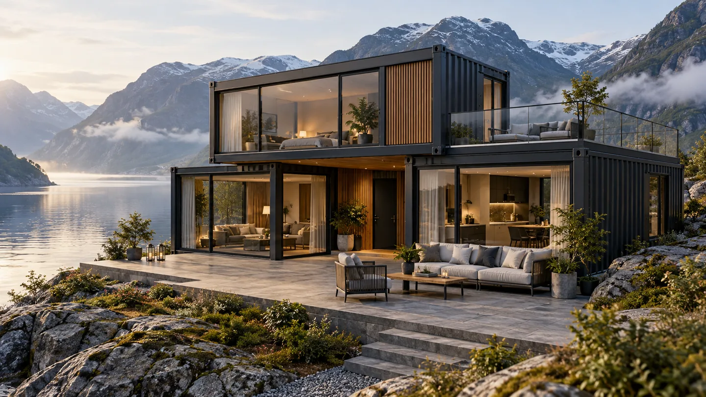Two-storey black container home with a balcony beside a mountain lake