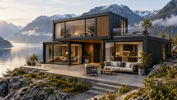 Zweigeschossiges schwarzes Containerhaus mit Balkon an einem Bergsee
