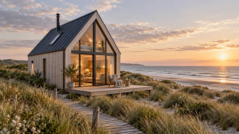 Tiny House mit Giebeldach und hoher Glasfront über einer sandigen Meeresküste