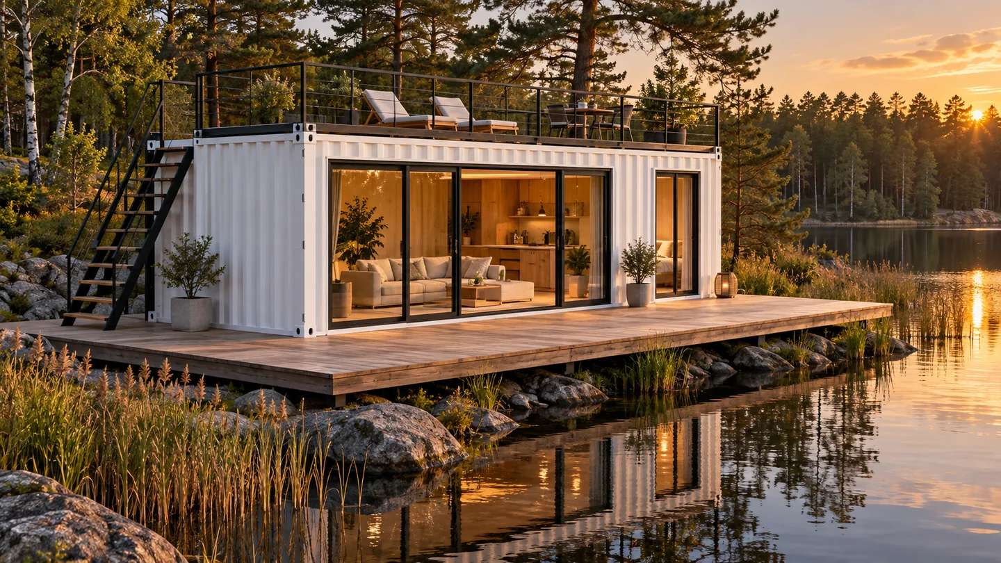White container home with sheltered glazing and a waterside deck beside a forest lake